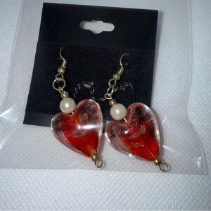 Red and Gold Heart Earrings with Pearl Accent